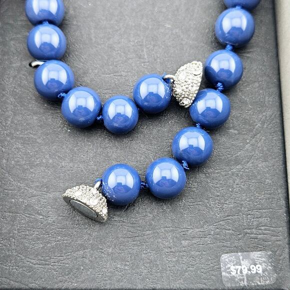 Chunky Navy Blue Bead Necklace Round Stone Silver Stardust Center Magnetic Clasp - Picture 4 of 5